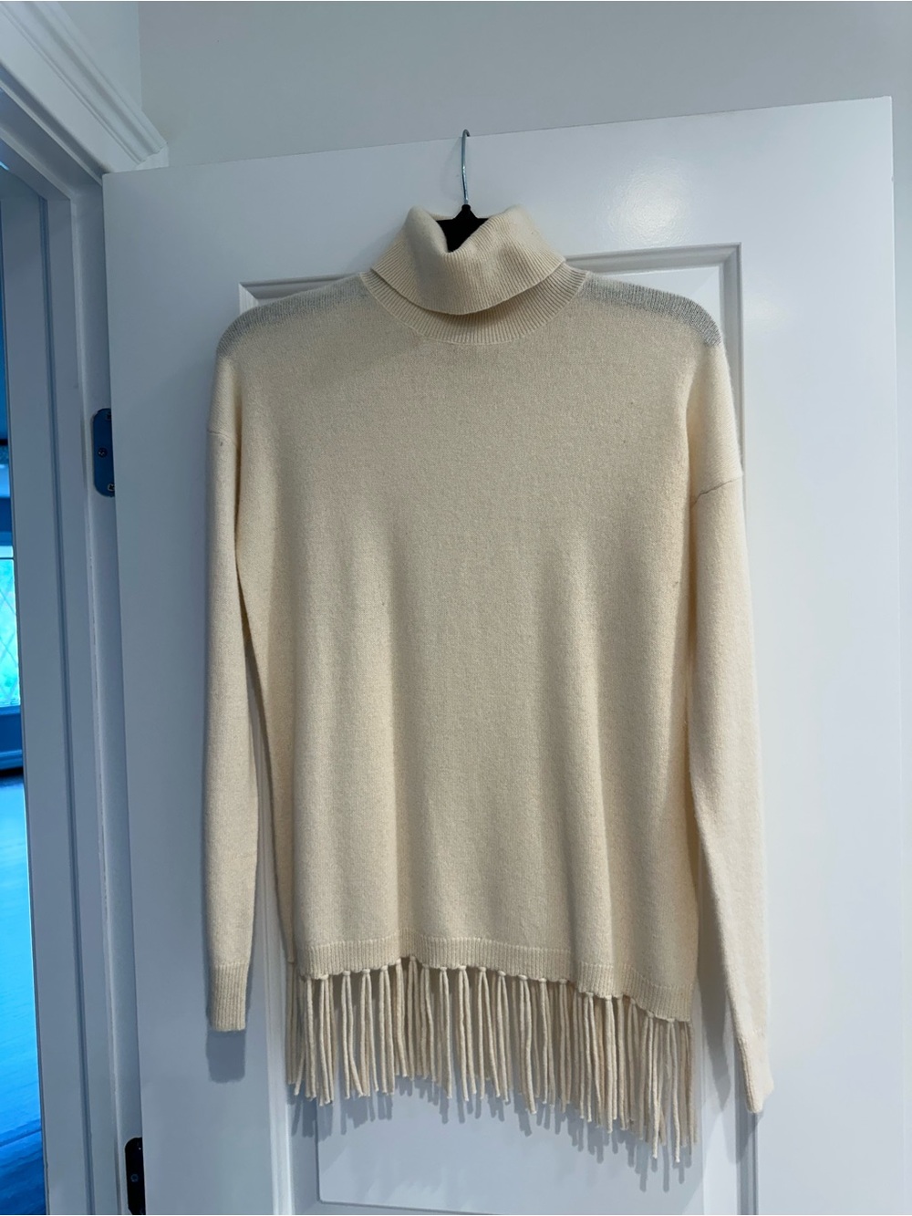 Fringe-Hem Cream Turtleneck Sweater-Cashmere